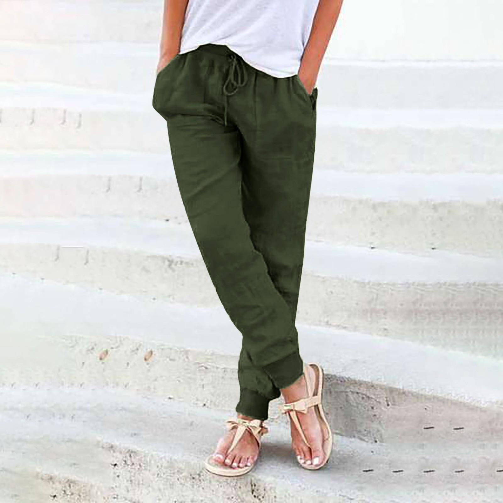 thumbnail image 5 of Pantalones de algodón y lino para mujer: cintura elástica con cordón, bolsillos laterales, pantalones informales, para todas las estaciones, 5 of 8